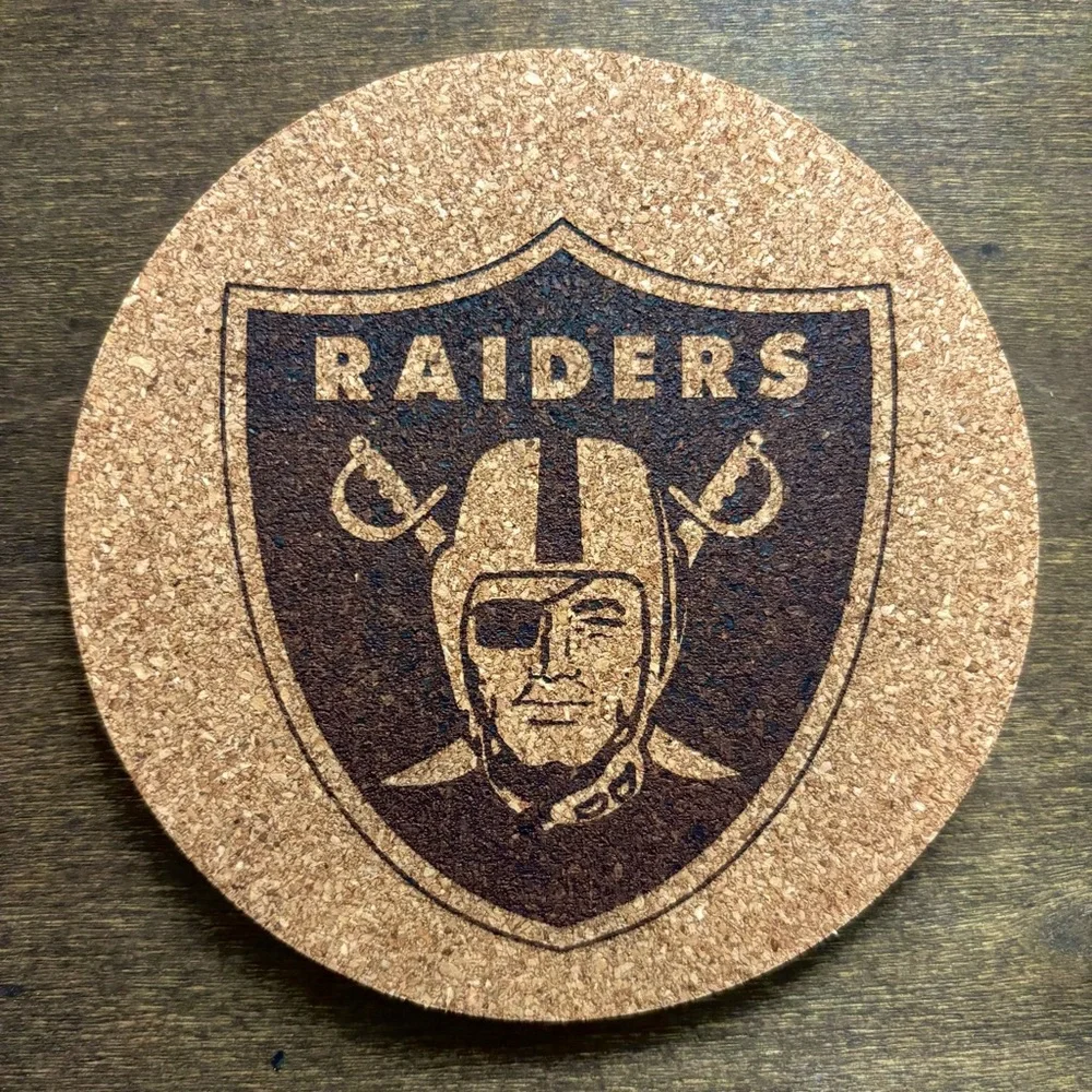 Raiders 2 Non Skull & 2 Skull Emblem Laser Engraved Cork Coasters